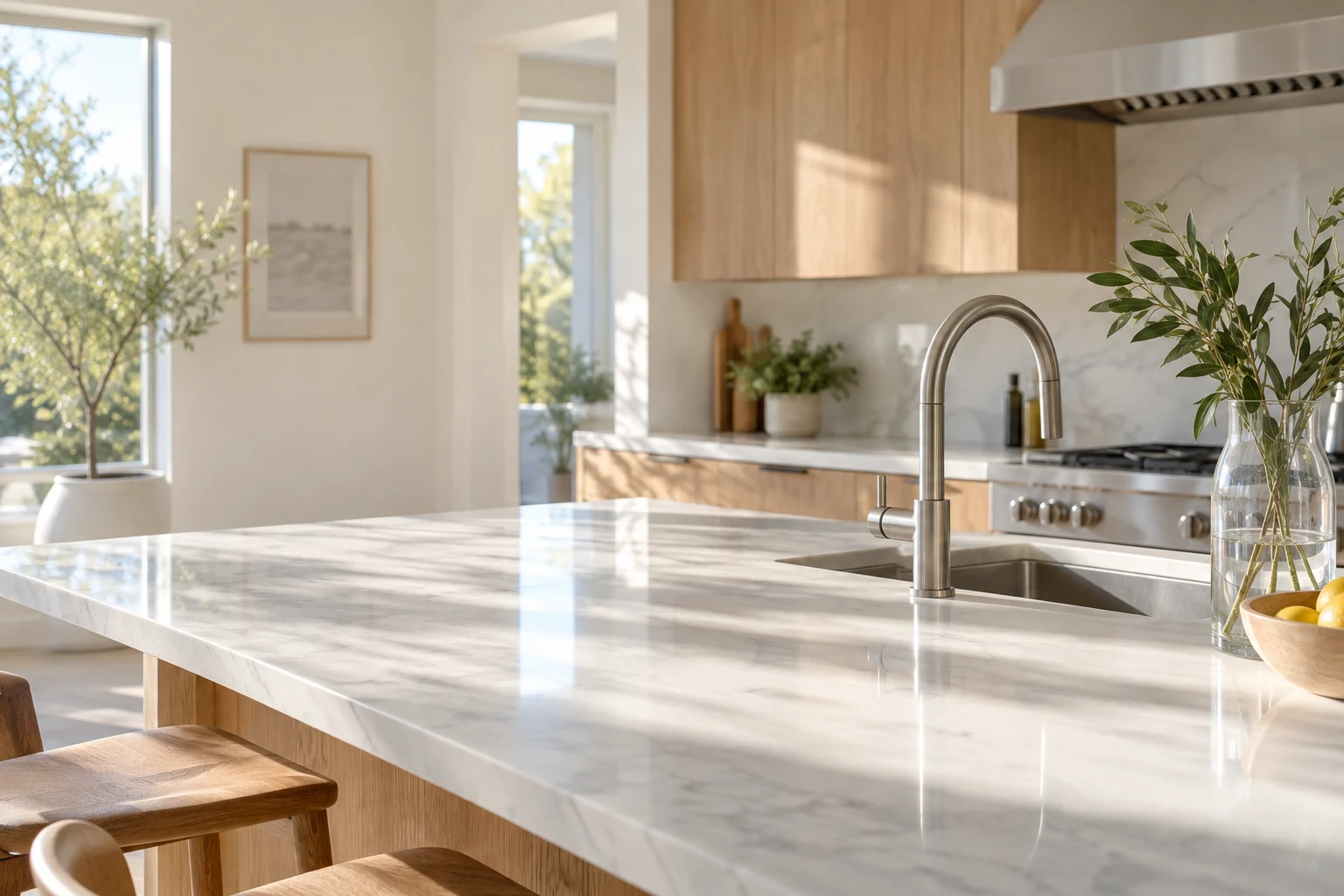 Sunlight across a freshly cleaned kitchen counter. Illustrative AI-generated image.